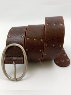 Vintage J.Crew Brown Leather Studded Belt Size 34 Made England Wide Oval Buckle